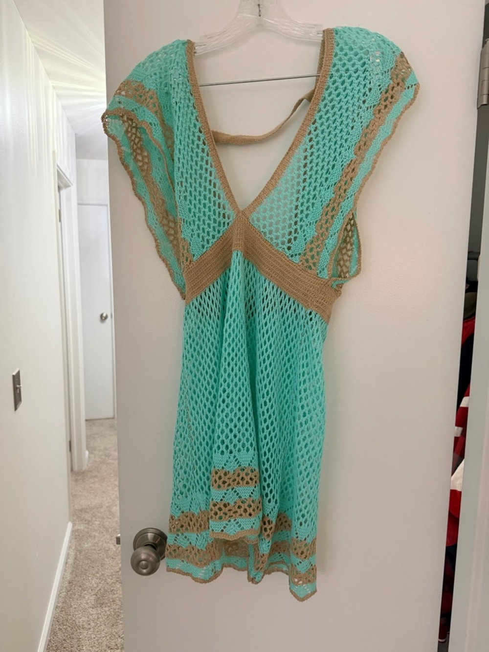 Aqua Crochet V-Neck Mesh Cover-Up with Tan Trim